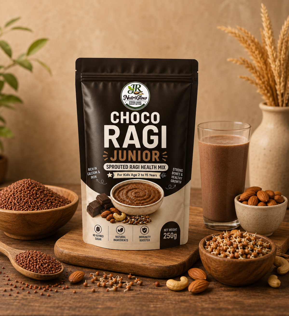 JR NutriGlow Choco Ragi Health Mix for kids with a nutritious chocolate ragi blend and natural ingredients