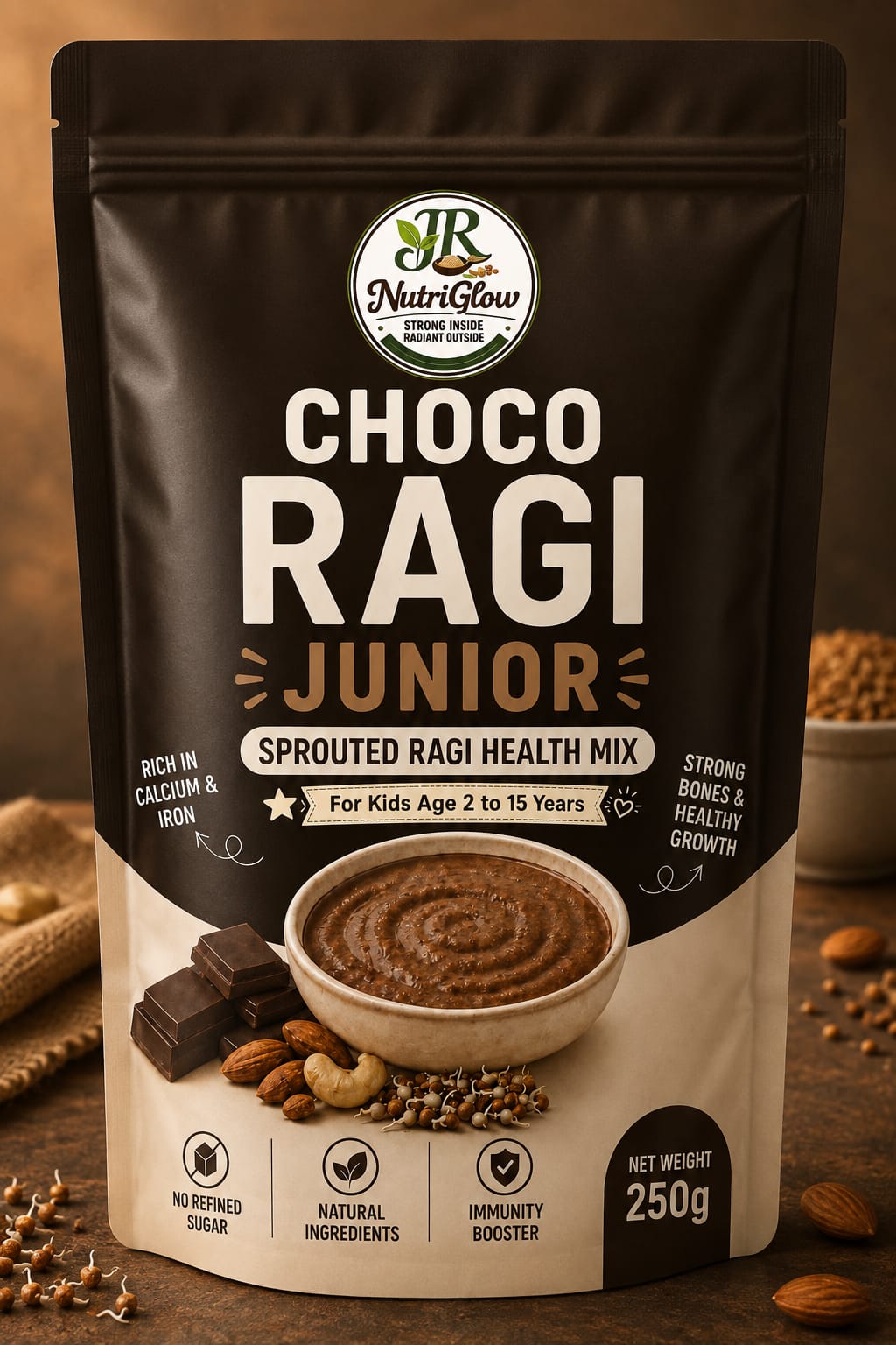 JRNUTRIGLOW Choco Ragi Junior – Chocolate Ragi Health Mix for Kids