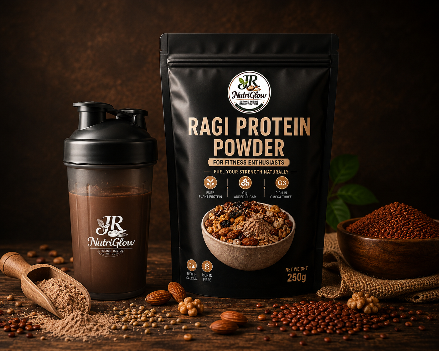 JR Nutriglow Ragi Protein Powder with a protein shake, highlighting it as a natural protein powder for daily nutrition.