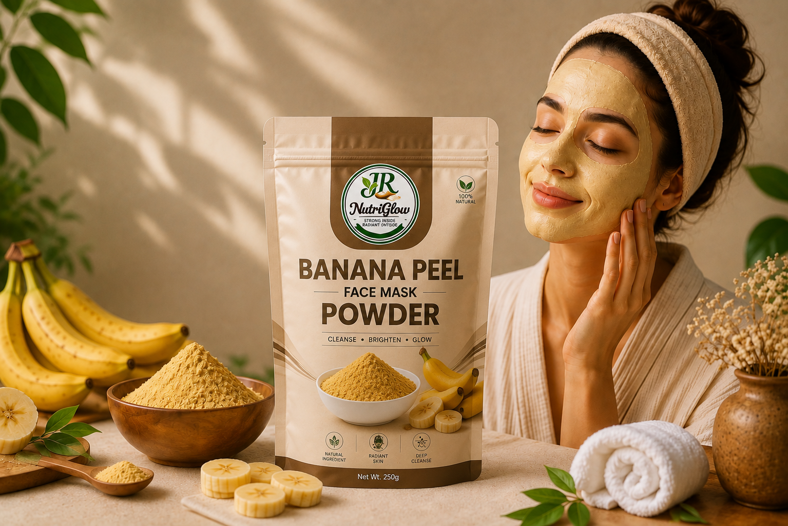 JR Nutriglow Banana Peel Face Mask Powder with banana, highlighting a natural face mask for skincare.