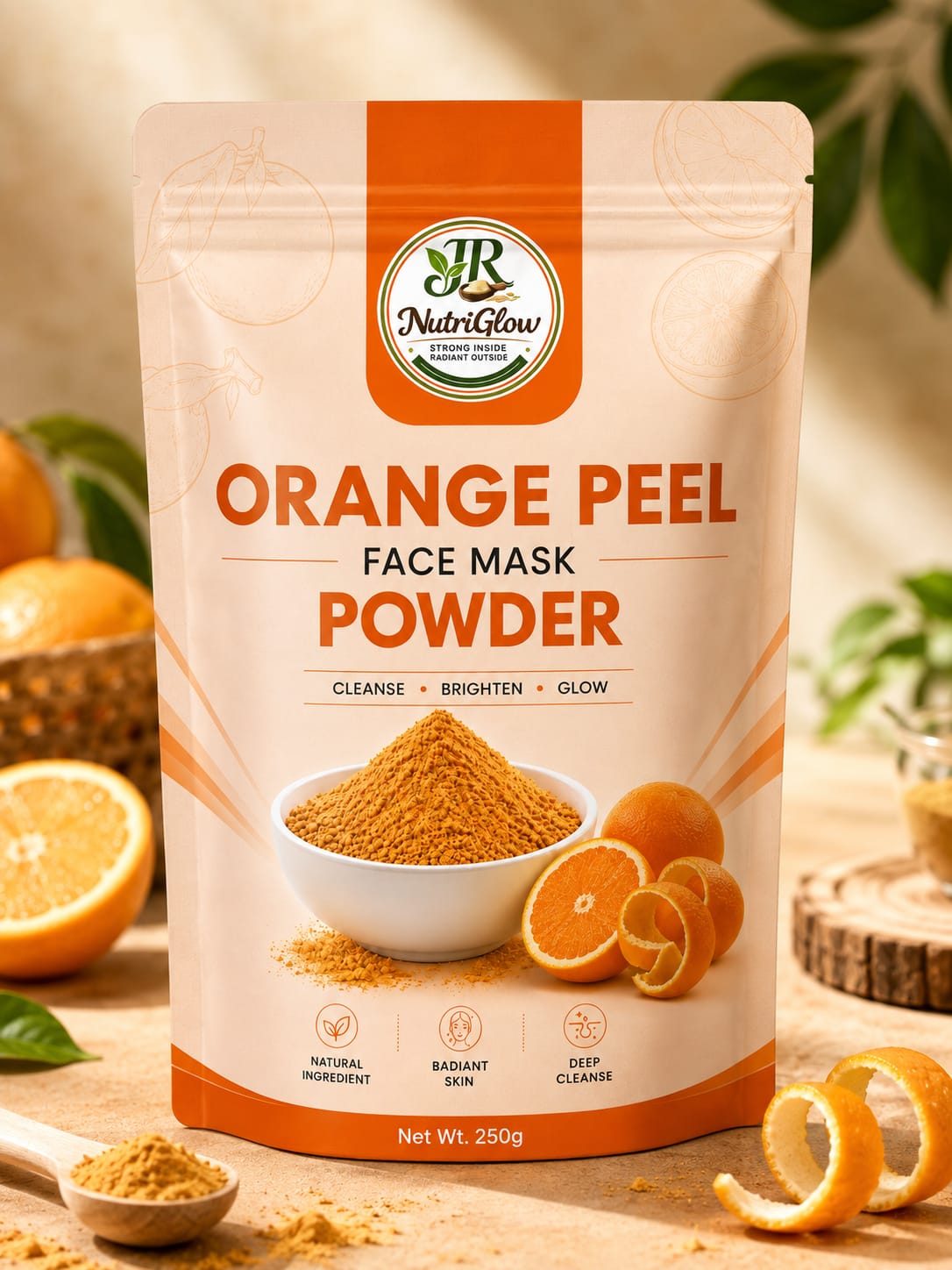 A 250g NutriGlow Orange Peel Face Mask Powder pouch displayed on a wooden surface, with orange powder in a white bowl, fresh oranges, and orange peels around it.