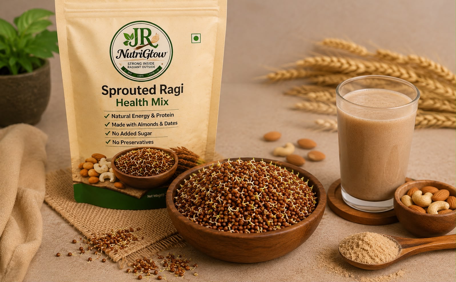 JR NutriGlow Sprouted Ragi Health Mix with a bowl of ragi mix and a glass of Ragi Nutrition Drink – Healthy Breakfast Mix