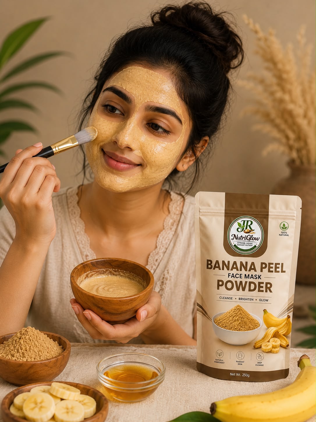 Woman applying JR Nutriglow Banana Peel Face Mask Powder as part of a natural skin care and natural face mask routine.