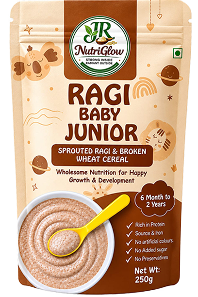 JR Nutriglow Ragi Junior nutritional powder in a jar with a scoop and ragi grains.