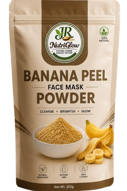 JR Nutriglow Banana Peel Face Mask Powder product packaging with banana peel ingredients for skincare.