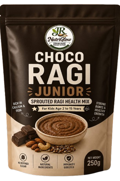 JR Nutriglow Choco Ragi Junior Powder product packaging with chocolate ragi drink for children.
