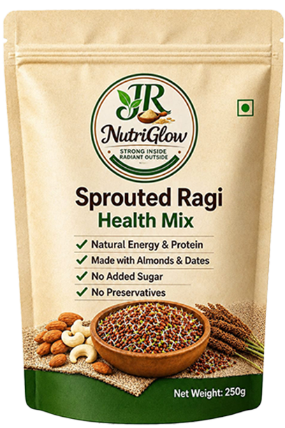 JR Nutriglow Sprouted Ragi Health Mix packaging with sprouted ragi grains and a bowl of ragi mix.