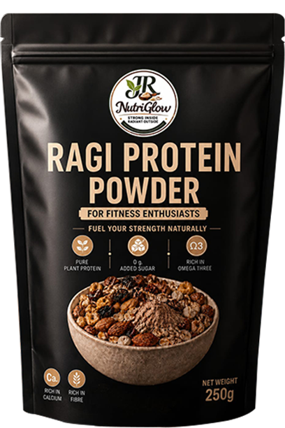 JR Nutriglow Ragi Protein Powder in black packaging with a bowl of ragi protein powder and grains.